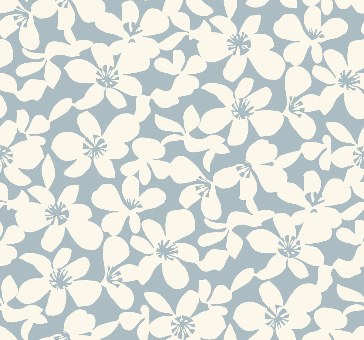 Transform your space with the Free Spirit Wallpaper by York Wallcoverings, featuring a seamless pattern of white abstract flowers scattered across a soft blue background for a simple and elegant floral design.