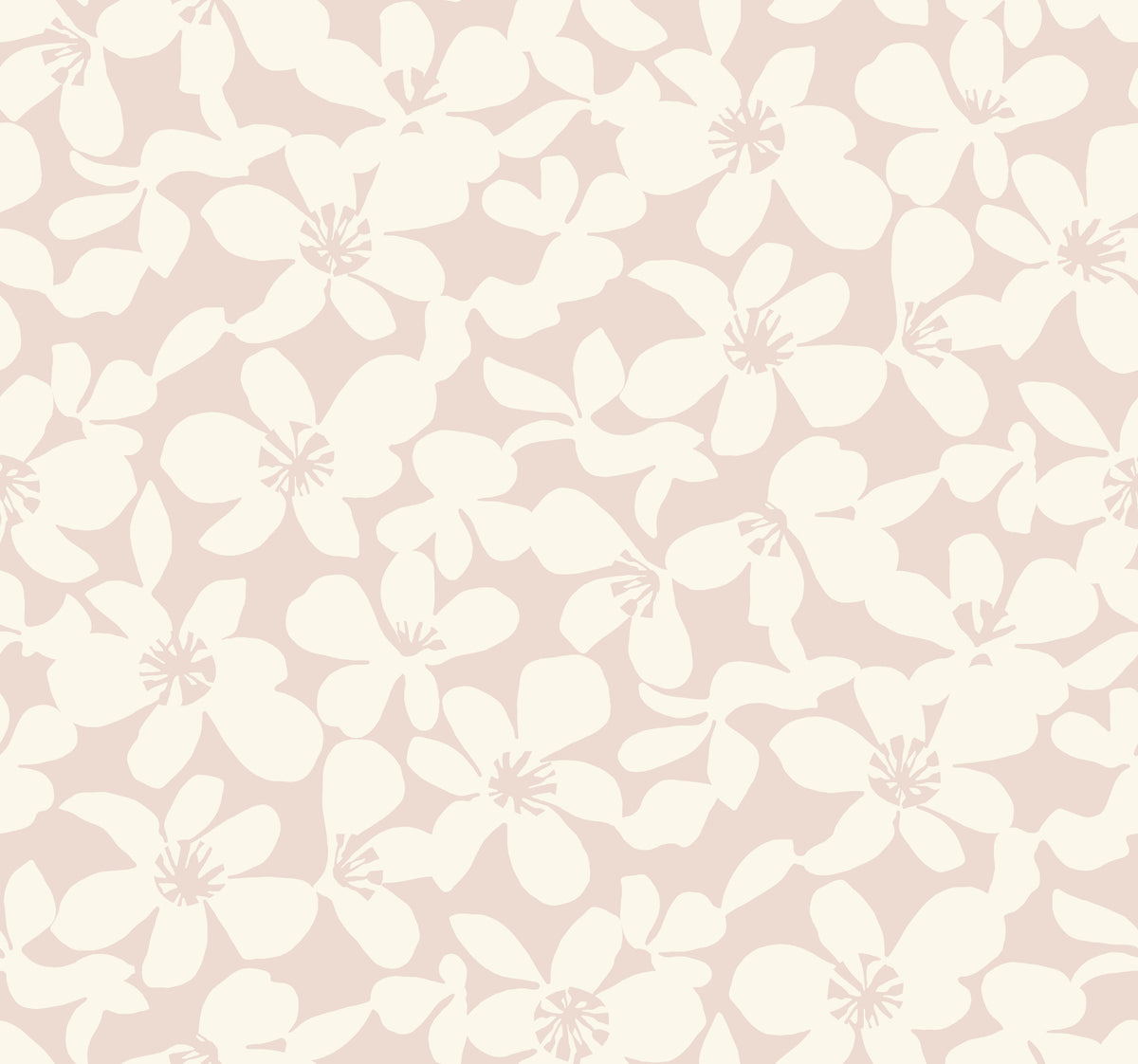 Introducing Free Spirit Wallpaper by York Wallcoverings: This elegant wallcovering features a cream-colored, floral pattern with large, abstract flower shapes overlapping across a light pink background. The seamless design creates a soft and sophisticated atmosphere for any space.