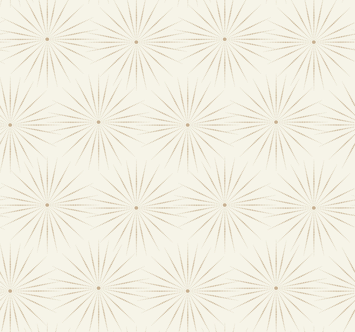 Starlight Wallpaper by York Wallcoverings features a beige background adorned with a seamless geometric pattern of dotted starbursts, each radiating from a central point.