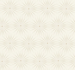 Starlight Wallpaper by York Wallcoverings features a beige background adorned with a seamless geometric pattern of dotted starbursts, each radiating from a central point.