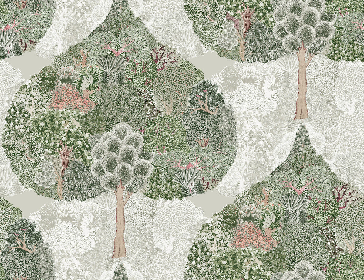 The Mystic Forest Wallpaper by York Wallcoverings features an intricate, repeating pattern of stylized trees and dense foliage in muted green, brown, and beige tones, creating a whimsical and detailed forest scene.