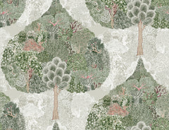 The Mystic Forest Wallpaper by York Wallcoverings features an intricate, repeating pattern of stylized trees and dense foliage in muted green, brown, and beige tones, creating a whimsical and detailed forest scene.