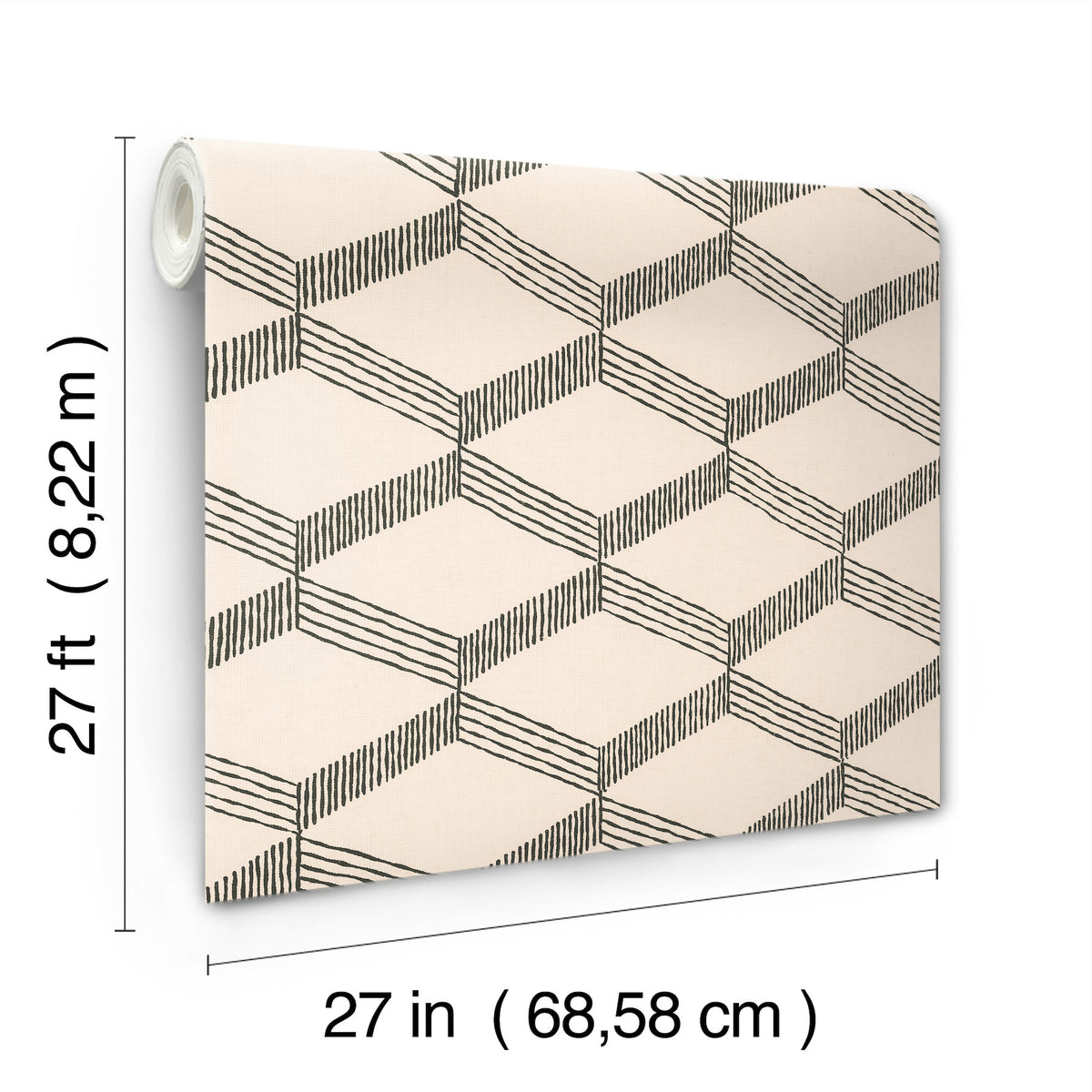 The Palisades Paperweave Wallpaper by York Wallcoverings features a black geometric cube pattern on a beige background and comes in rolls measuring 27 feet long and 27 inches (68.58 cm) wide.