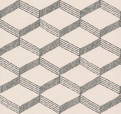 Palisades Paperweave Wallpaper by York Wallcoverings features a geometric pattern of black outlined cubes with diagonal hatching on a light beige background, creating a repeating three-dimensional illusion.
