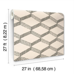 Palisades Paperweave Wallpaper by York Wallcoverings in a beige and black geometric pattern, shown in a 27-foot (8.22 m) long by 27-inch (68.58 cm) wide roll with clearly labeled dimensions.