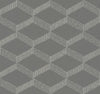 York Wallcoverings’ Palisades Paperweave Wallpaper features a gray background adorned with a repeating pattern of white, hand-drawn geometric cubes—created by parallel and diagonal lines—to produce an optical illusion of three-dimensional shapes.