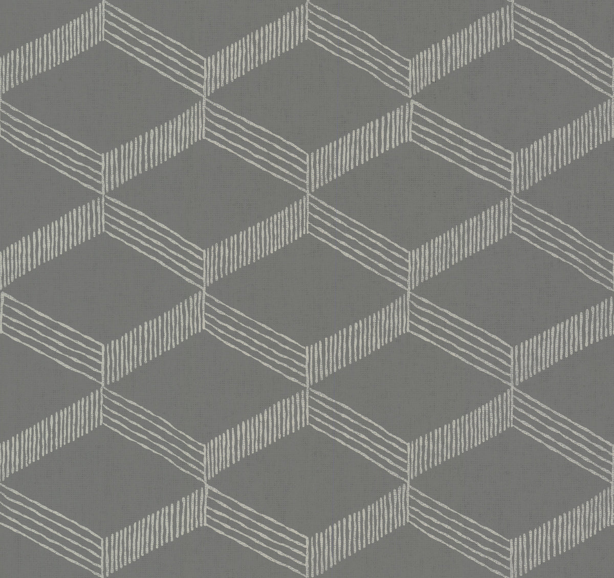 York Wallcoverings’ Palisades Paperweave Wallpaper features a gray background adorned with a repeating pattern of white, hand-drawn geometric cubes—created by parallel and diagonal lines—to produce an optical illusion of three-dimensional shapes.