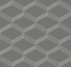 York Wallcoverings’ Palisades Paperweave Wallpaper features a gray background adorned with a repeating pattern of white, hand-drawn geometric cubes—created by parallel and diagonal lines—to produce an optical illusion of three-dimensional shapes.