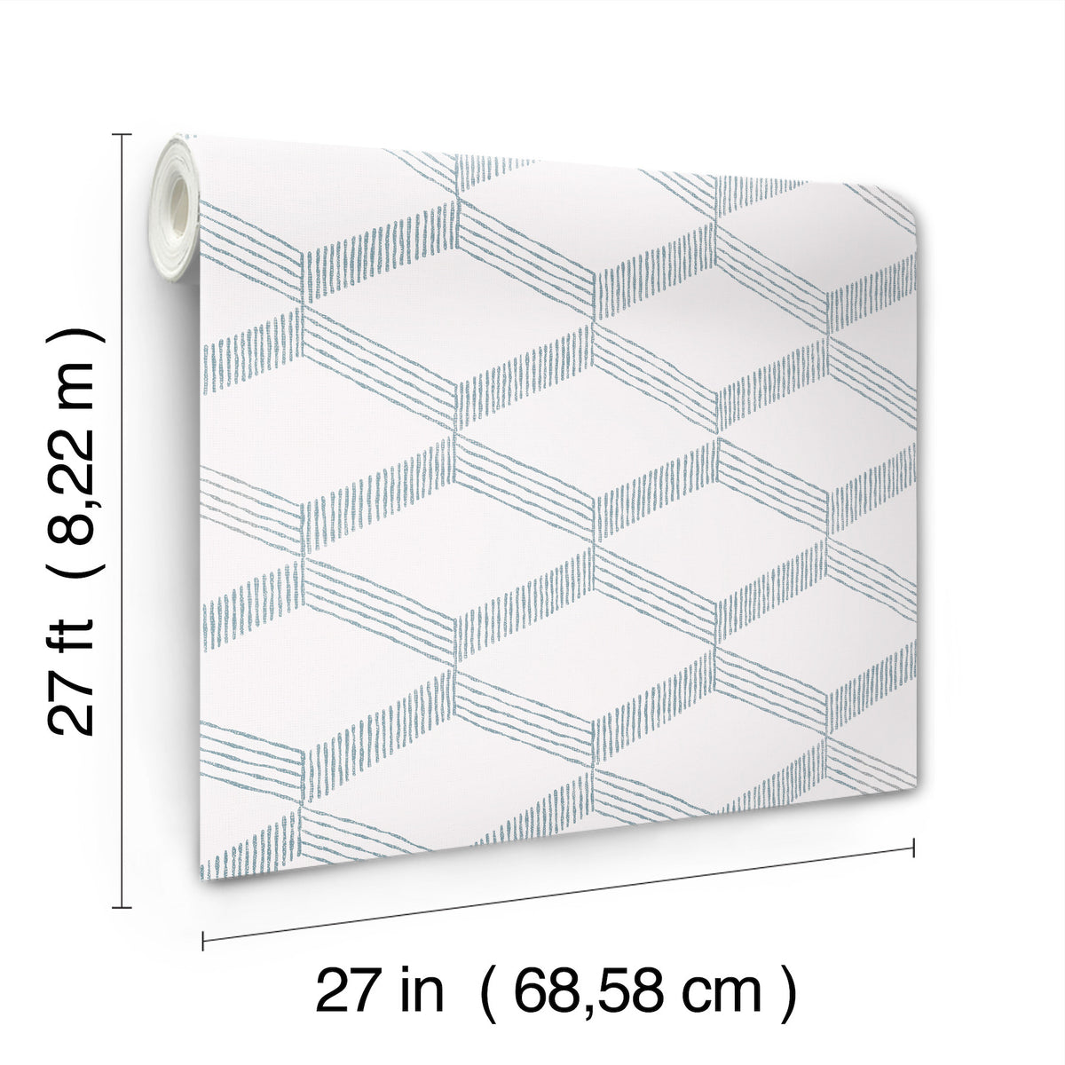 A roll of York Wallcoverings’ Palisades Paperweave Wallpaper featuring blue geometric patterns on a white background, measuring 27 feet (8.22 meters) in length and 27 inches (68.58 cm) in width.