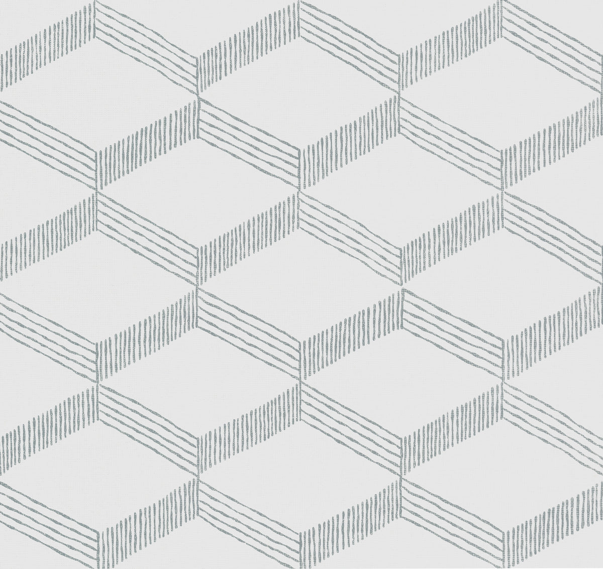 The Palisades Paperweave Wallpaper by York Wallcoverings features a repeating geometric pattern of cubes outlined in gray, with one side of each cube accented by closely spaced parallel lines, creating an optical illusion effect on a white background.