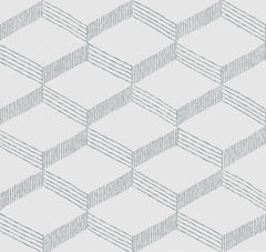 The Palisades Paperweave Wallpaper by York Wallcoverings features a repeating geometric pattern of cubes outlined in gray, with one side of each cube accented by closely spaced parallel lines, creating an optical illusion effect on a white background.