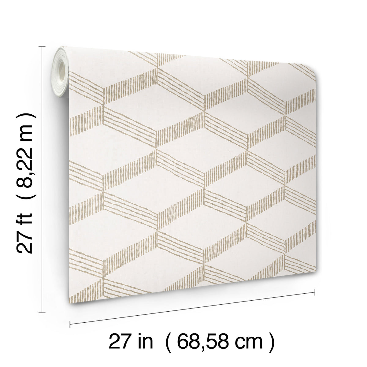 A roll of Palisades Paperweave Wallpaper by York Wallcoverings, measuring 27 feet (8.22 m) in length and 27 inches (68.58 cm) in width, features beige lines forming a geometric cube pattern on a white background.