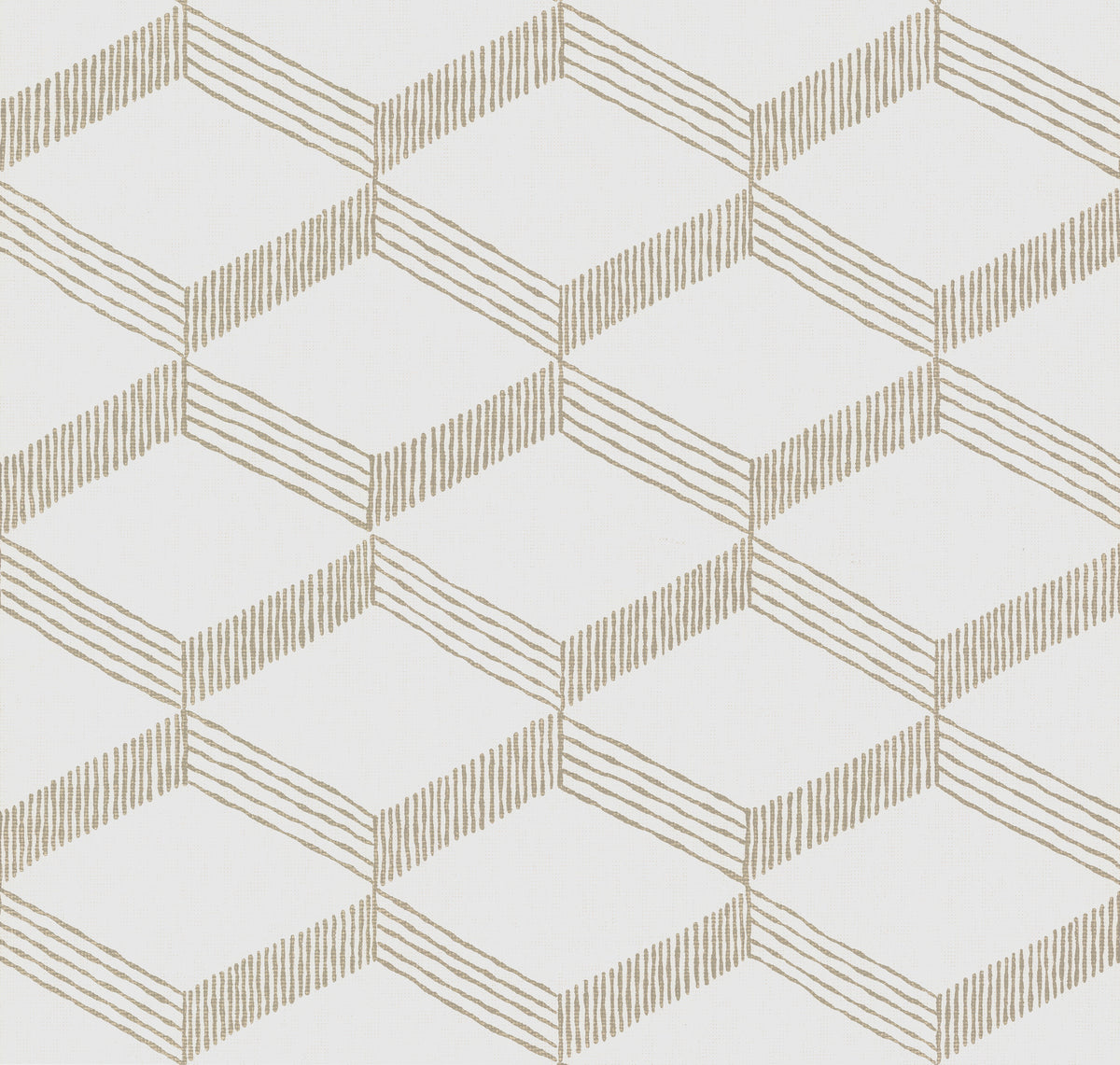 Inspired by a geometric hexagon motif, the Palisades Paperweave Wallpaper from York Wallcoverings features interlocking brown lines on a white background. Each hexagon is crafted with diagonal, vertical, and horizontal lines to create a striking three-dimensional cube effect.