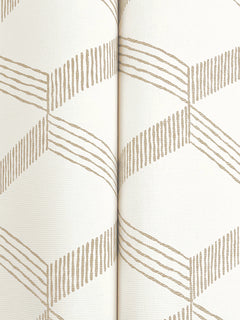 A close-up of Palisades Paperweave Wallpaper by York Wallcoverings shows its textured surface featuring a repeating geometric pattern of diagonal tan lines that form zigzags on a white background. A vertical seam is visible down the center where two strips meet.