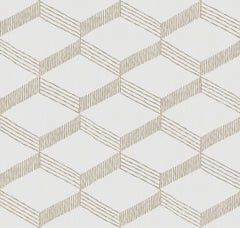 Experience the Palisades Paperweave Wallpaper by York Wallcoverings, featuring a geometric pattern of repeating cubes crafted from thin brown lines on a white background for a striking three-dimensional optical illusion.