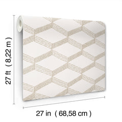 The Palisades Paperweave Wallpaper by York Wallcoverings is shown featuring a geometric pattern. Text indicates the dimensions: 27 feet (8.22 m) long and 27 inches (68.58 cm) wide.