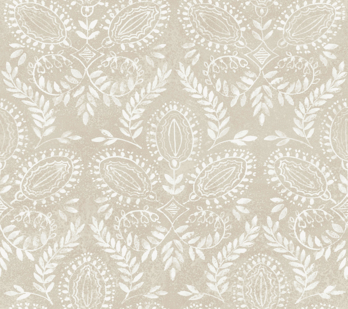 Laurel Damask Wallpaper by York Wallcoverings features a beige and white floral pattern with stylized leaves, paisley motifs, and dotted accents arranged in a repeating, symmetrical design.