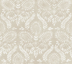 Laurel Damask Wallpaper by York Wallcoverings features a beige and white floral pattern with stylized leaves, paisley motifs, and dotted accents arranged in a repeating, symmetrical design.