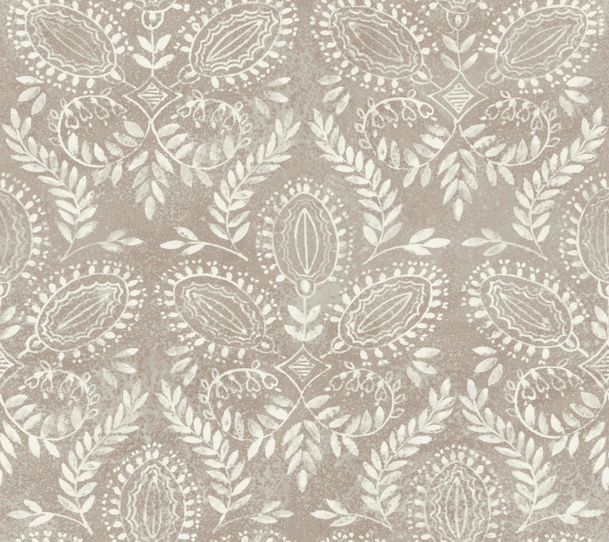 The Laurel Damask Wallpaper by York Wallcoverings features a symmetrical, intricate beige and white floral design with leafy and oval motifs atop a textured background.