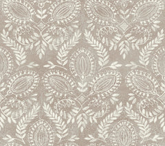 The Laurel Damask Wallpaper by York Wallcoverings features a symmetrical, intricate beige and white floral design with leafy and oval motifs atop a textured background.