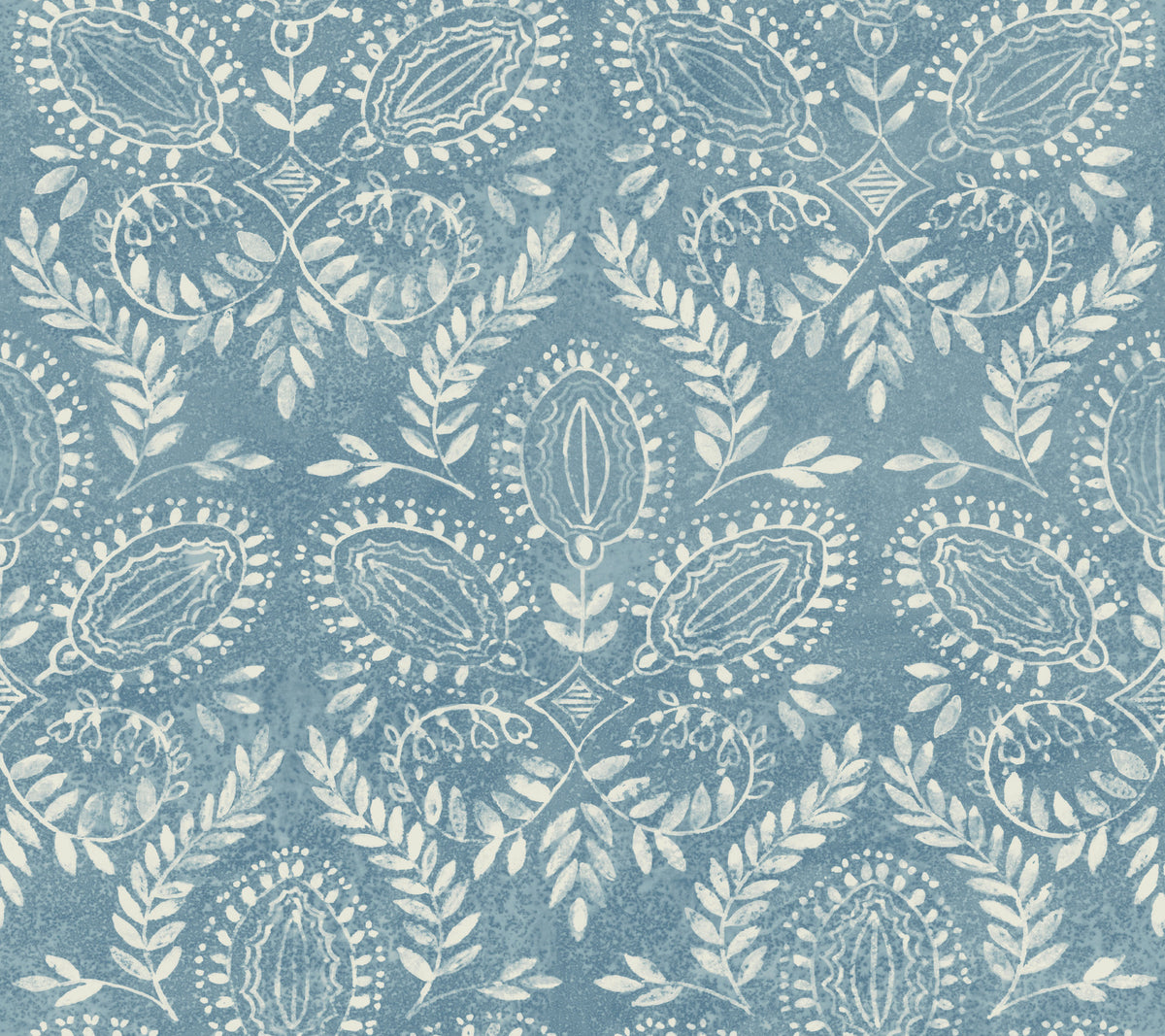 Laurel Damask Wallpaper by York Wallcoverings features a blue and white floral pattern with symmetrical leafy motifs and oval shapes, creating an ornate, vintage-inspired design. The background displays a textured, watercolor effect reminiscent of classic fabric or wallpaper aesthetics.