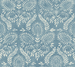 Laurel Damask Wallpaper by York Wallcoverings features a blue and white floral pattern with symmetrical leafy motifs and oval shapes, creating an ornate, vintage-inspired design. The background displays a textured, watercolor effect reminiscent of classic fabric or wallpaper aesthetics.