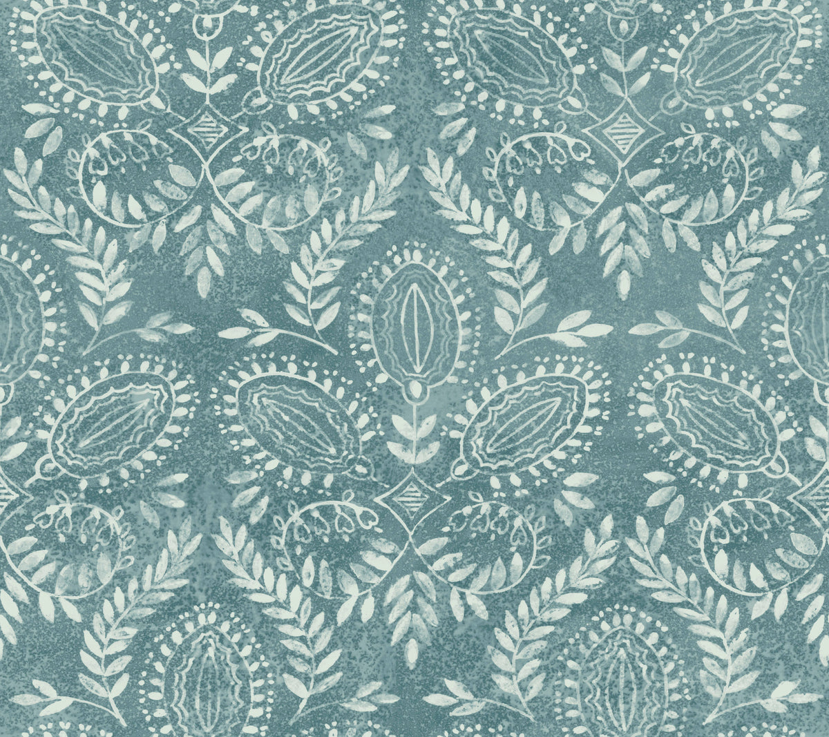 Laurel Damask Wallpaper by York Wallcoverings features a blue and white floral pattern with symmetrical leaf and petal motifs, intricate detailing, and a textured, watercolor-inspired background. The decorative design is both repetitive and elegant.