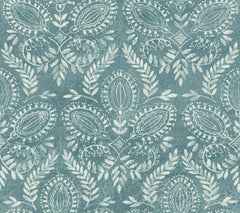 Laurel Damask Wallpaper by York Wallcoverings features a blue and white floral pattern with symmetrical leaf and petal motifs, intricate detailing, and a textured, watercolor-inspired background. The decorative design is both repetitive and elegant.