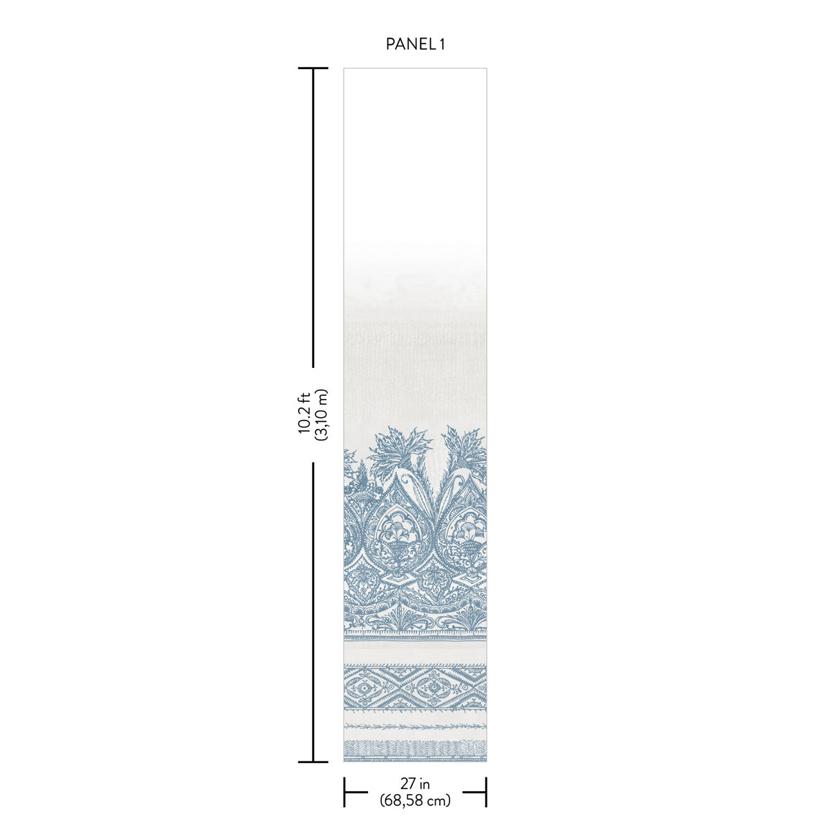 The Henna Wall Mural by York Wallcoverings measures 102.4 inches (260 cm) in height and 27 inches (68.58 cm) in width, and showcases an intricate blue pattern along the bottom edge.