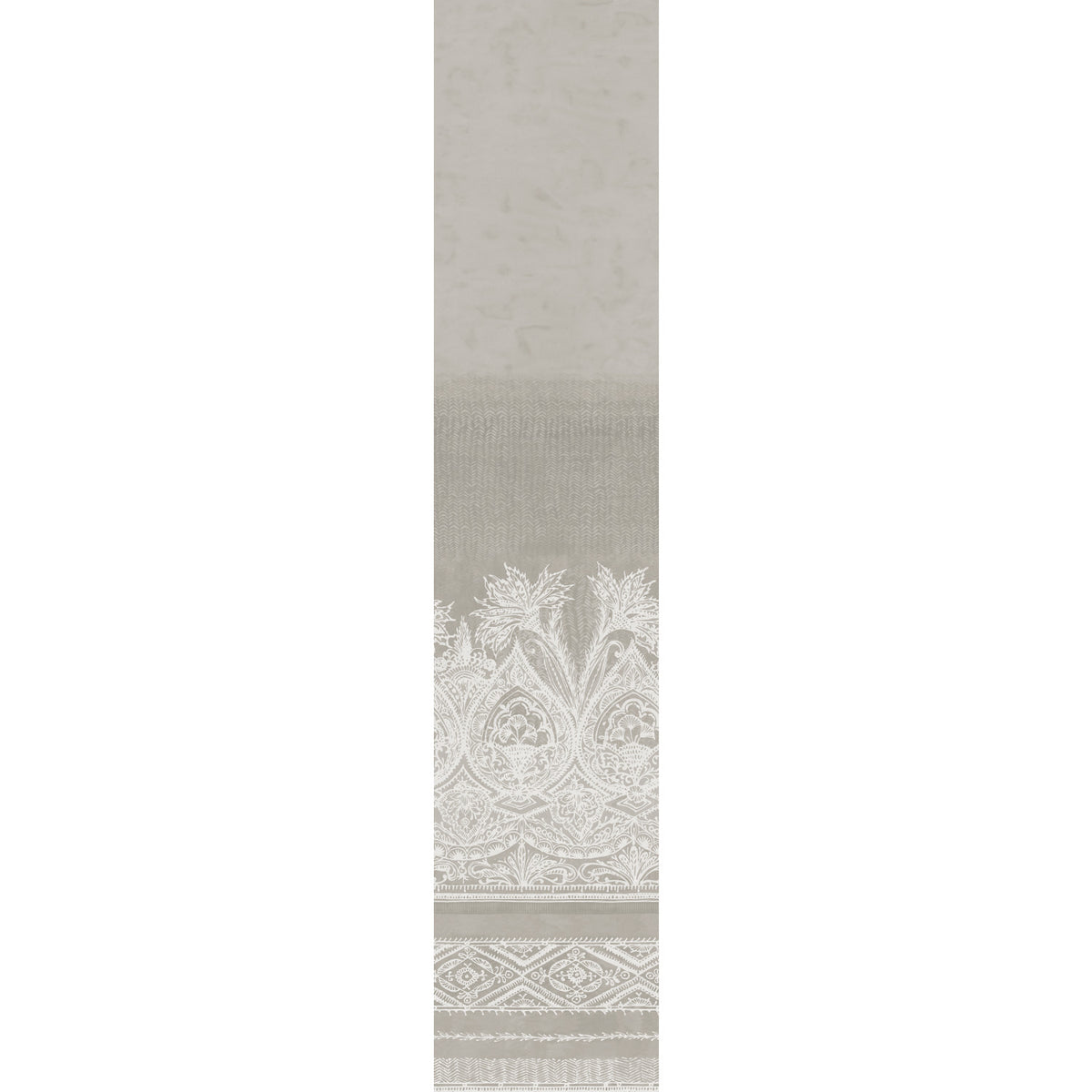 The Henna Wall Mural from York Wallcoverings features a vertical strip design with a gradient transitioning from light to medium gray and showcases an ornate, white, floral and geometric lace pattern along the bottom portion.