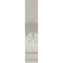 The Henna Wall Mural from York Wallcoverings features a vertical strip design with a gradient transitioning from light to medium gray and showcases an ornate, white, floral and geometric lace pattern along the bottom portion.