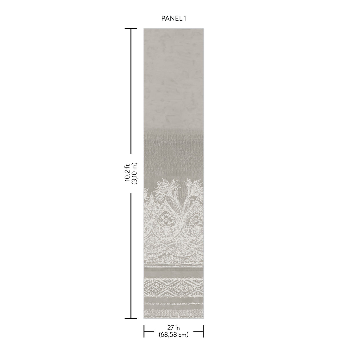 A single Henna Wall Mural by York Wallcoverings, measuring 102.4 inches (3.10 meters) in height and 27 inches (68.58 cm) in width, features a patterned design with intricate details near the bottom.