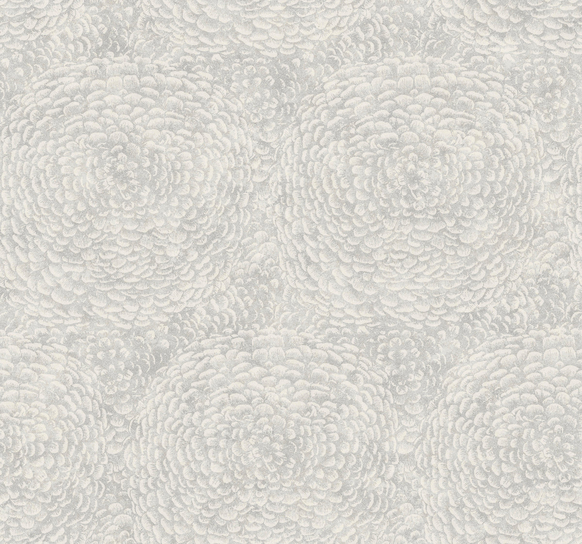Floret Wallpaper by York Wallcoverings features a repeating pattern of white, textured, circular floral shapes reminiscent of chrysanthemum blooms set against a light gray background, creating a soft and elegant design.