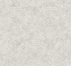 Floret Wallpaper by York Wallcoverings features a repeating pattern of white, textured, circular floral shapes reminiscent of chrysanthemum blooms set against a light gray background, creating a soft and elegant design.