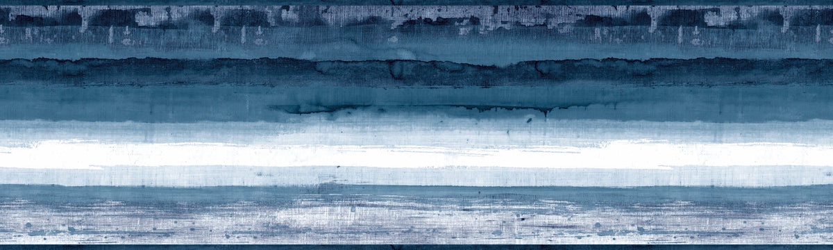 Mesa Wallpaper Border featuring horizontal bands of deep blue watercolor washes with a central white stripe.