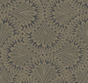 Cabaret Wallpaper by York Wallcoverings features a seamless geometric pattern with tan, fan-shaped motifs and teardrop elements on a dark background, creating a symmetrical, vintage, art deco-inspired design.