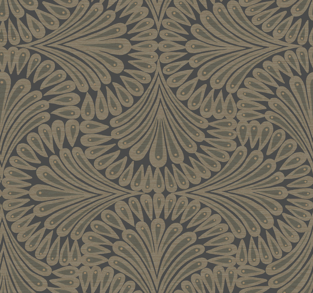 Cabaret Wallpaper by York Wallcoverings features a seamless geometric pattern with tan, fan-shaped motifs and teardrop elements on a dark background, creating a symmetrical, vintage, art deco-inspired design.