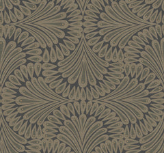 Cabaret Wallpaper by York Wallcoverings features a seamless geometric pattern with tan, fan-shaped motifs and teardrop elements on a dark background, creating a symmetrical, vintage, art deco-inspired design.