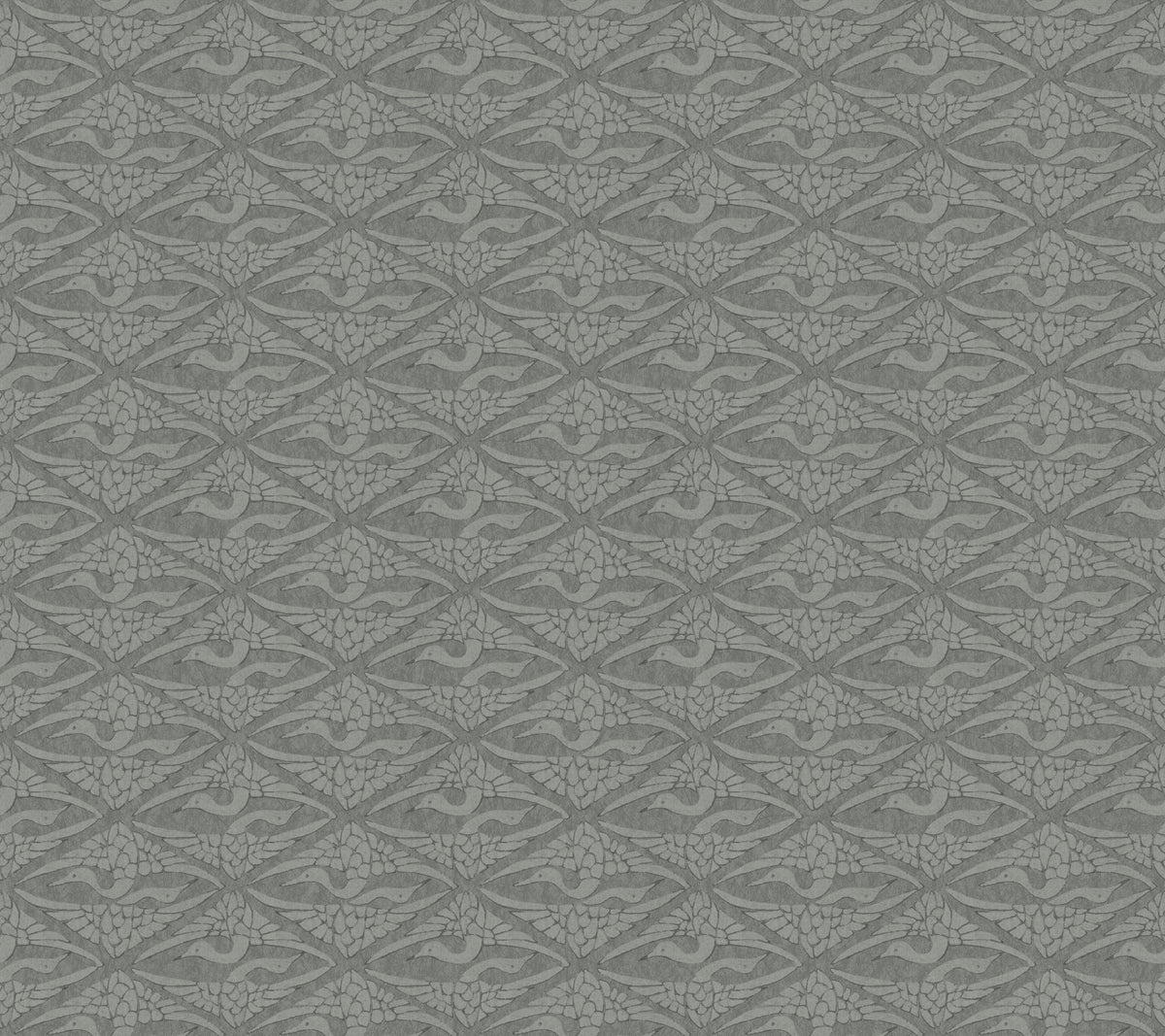 High Society Wallpaper by York Wallcoverings features a repeating geometric pattern with symmetrical, stylized birds and floral shapes in shades of grayish blue, creating an intricate, vintage-inspired design.