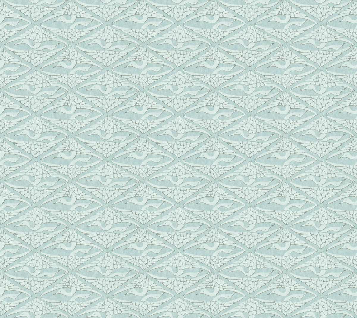 High Society Wallpaper by York Wallcoverings features a delicate and symmetrical geometric design, showcasing repeating light blue and white stylized floral and leaf motifs arranged in diamond shapes.