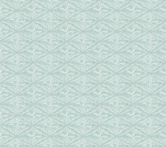 High Society Wallpaper by York Wallcoverings features a delicate and symmetrical geometric design, showcasing repeating light blue and white stylized floral and leaf motifs arranged in diamond shapes.