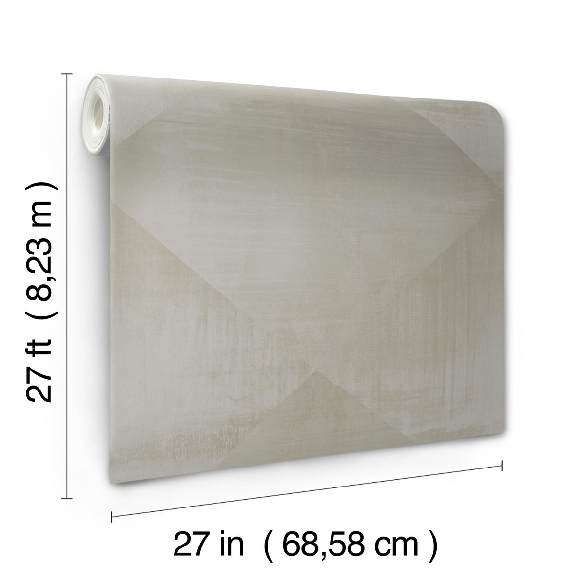 A roll of light gray In Clay Wallpaper featuring a geometric diamond pattern, annotated with dimensions of 27 inches by 27 feet.