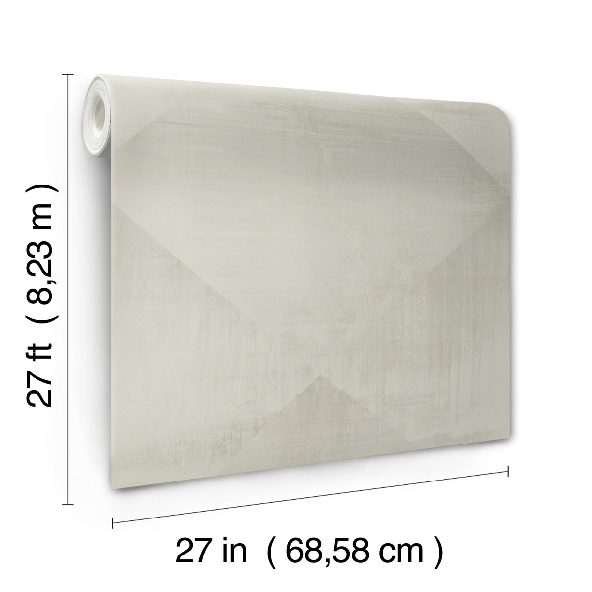 A roll of In Clay Wallpaper in a neutral color featuring a subtle geometric diamond pattern, with dimension lines indicating a height of 27 feet and a width of 27 inches.