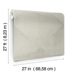 A roll of In Clay Wallpaper in a neutral color featuring a subtle geometric diamond pattern, with dimension lines indicating a height of 27 feet and a width of 27 inches.