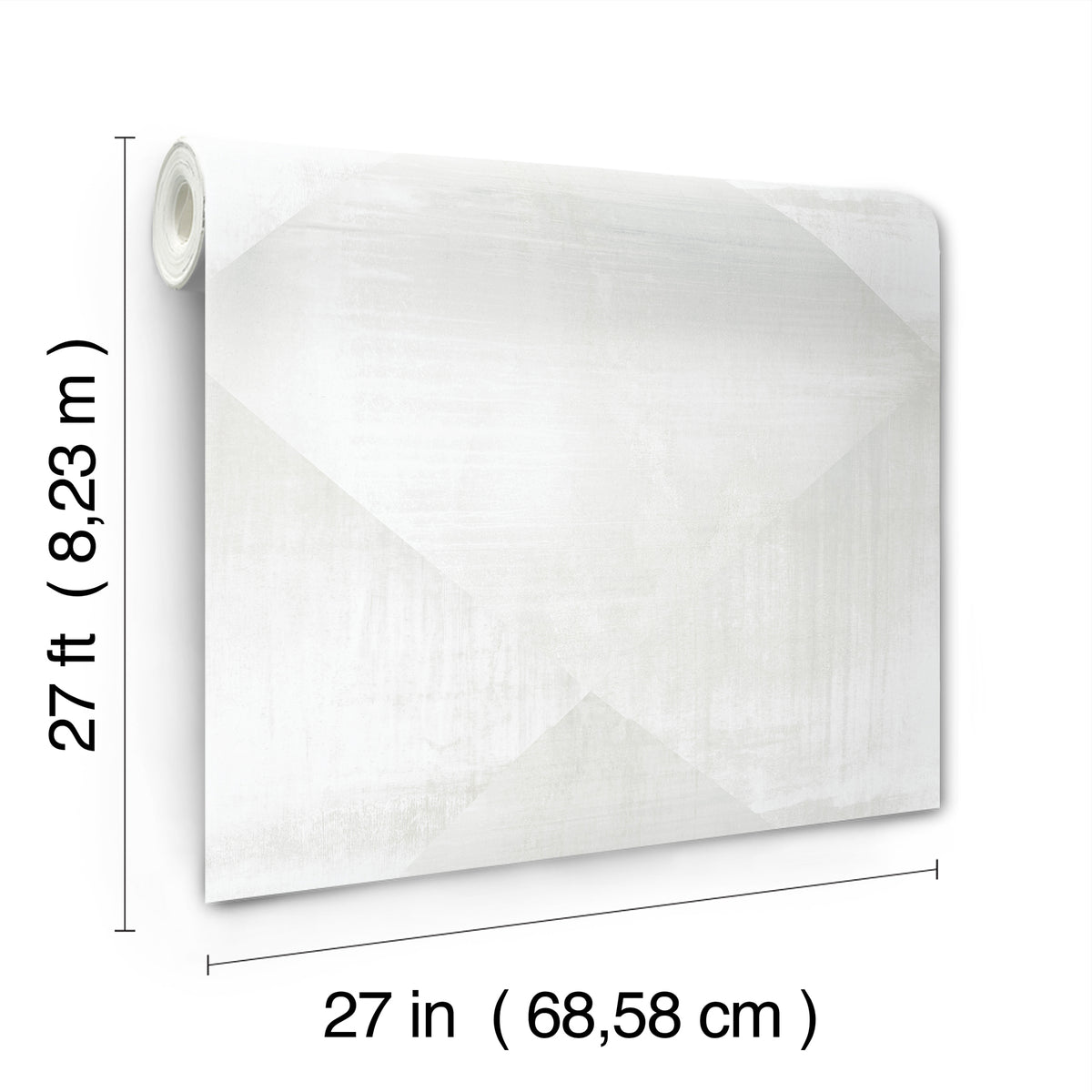 A roll of off-white In Clay Wallpaper by York Wallcoverings with a subtle geometric pattern, measuring 27 inches wide by 27 feet long.