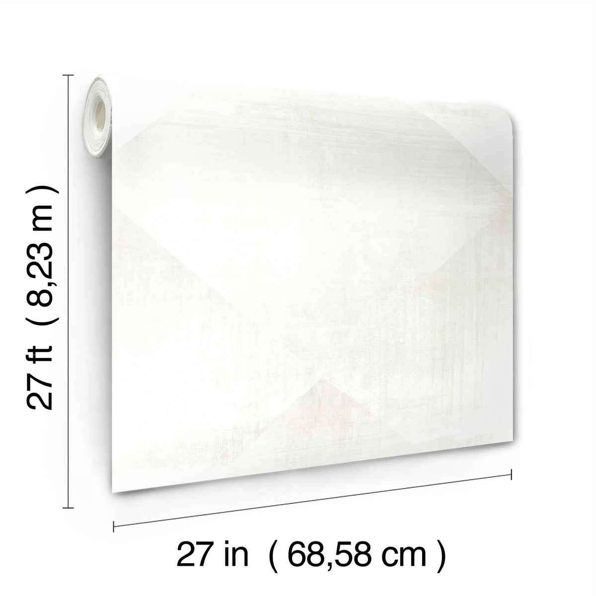 A roll of light gray In Clay Wallpaper featuring a large, subtle geometric diamond pattern, with dimension lines indicating a length of 27 feet and a width of 27 inches.