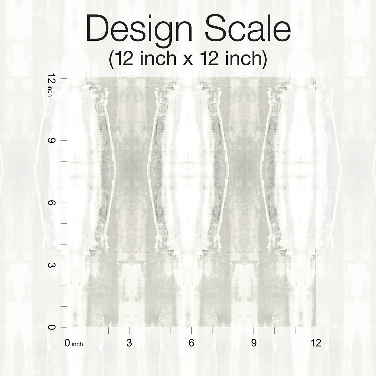 Abstract grayscale pattern with mirrored vertical shapes. A black scale on the left and bottom edges marks inches from 0 to 12. Text above reads: Escalante Wallpaper – Design Scale (12 inch x 12 inch), York Wallcoverings.