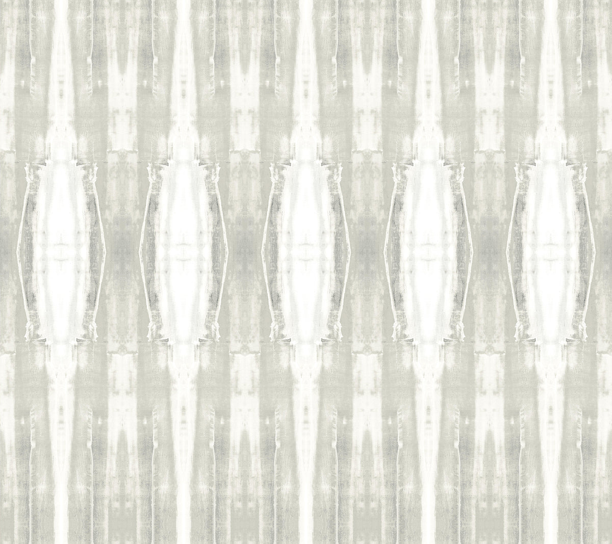 The Escalante Wallpaper by York Wallcoverings features a symmetrical abstract pattern with vertical, elongated shapes in light gray and white tones, reminiscent of mirrored watercolor brush strokes. This design creates a soft, textured, and repeating geometric effect.