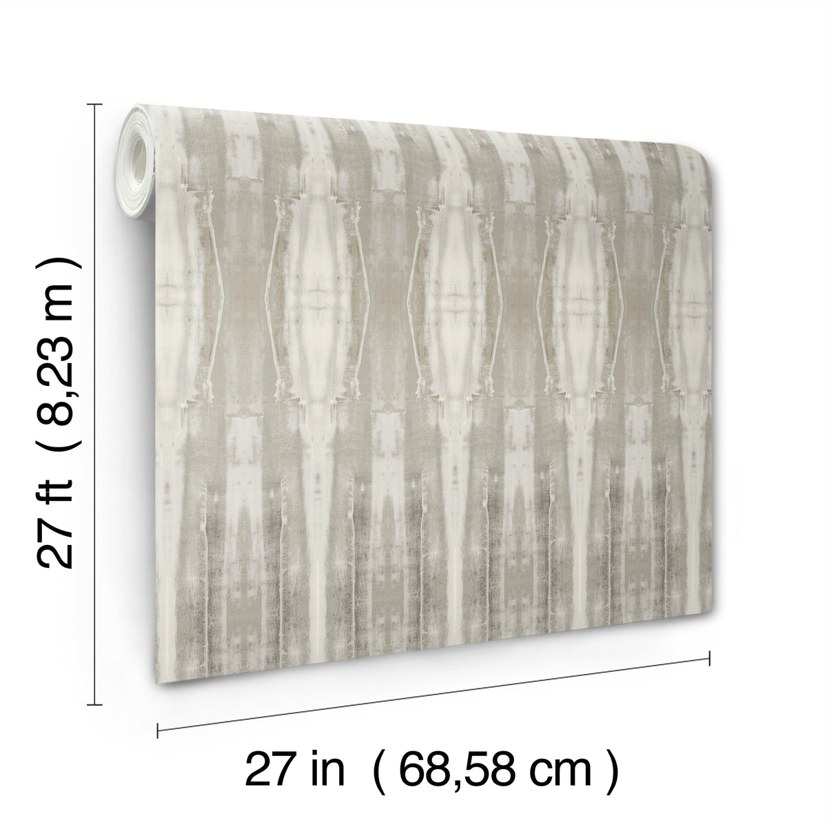 The Escalante Wallpaper by York Wallcoverings is shown. The roll measures 27 feet (8.23 meters) in length and 27 inches (68.58 centimeters) in width, featuring a neutral-toned pattern.