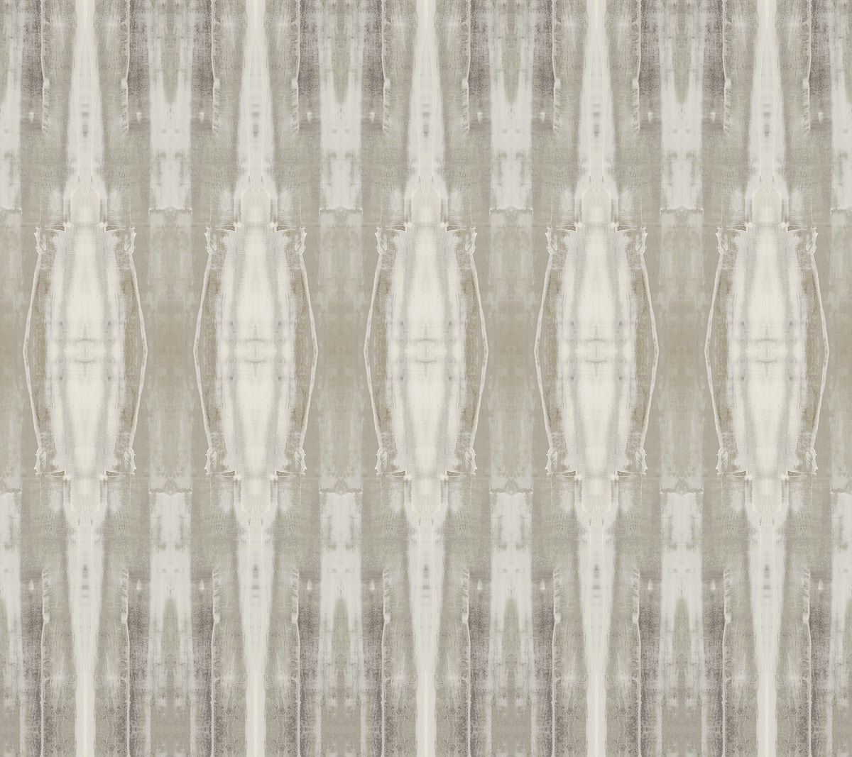 Escalante Wallpaper by York Wallcoverings features a repeating vertical pattern in muted beige, gray, and off-white tones, creating a symmetrical, abstract, and slightly blurred striped design reminiscent of tie-dye or weathered fabric.
